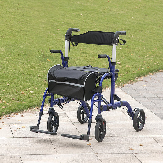 HOMCOM 2 in 1 Wheelchair Transport Chair & Folding Rollator Walker with Seat, Backrest, Footrest, Lightweight Walking Frame with Bag, Adjustable Height, 4 Wheeled Walker for Seniors, Pearl Blue