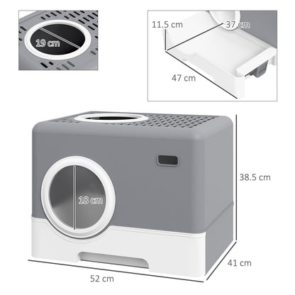صندوق فضلات القطط من PawHut مزود بغطاء ومدخل أمامي ومخرج علوي وصينية درج ومغرفة بطول 52 × 41 عرض × 38.5 سم - رمادي
