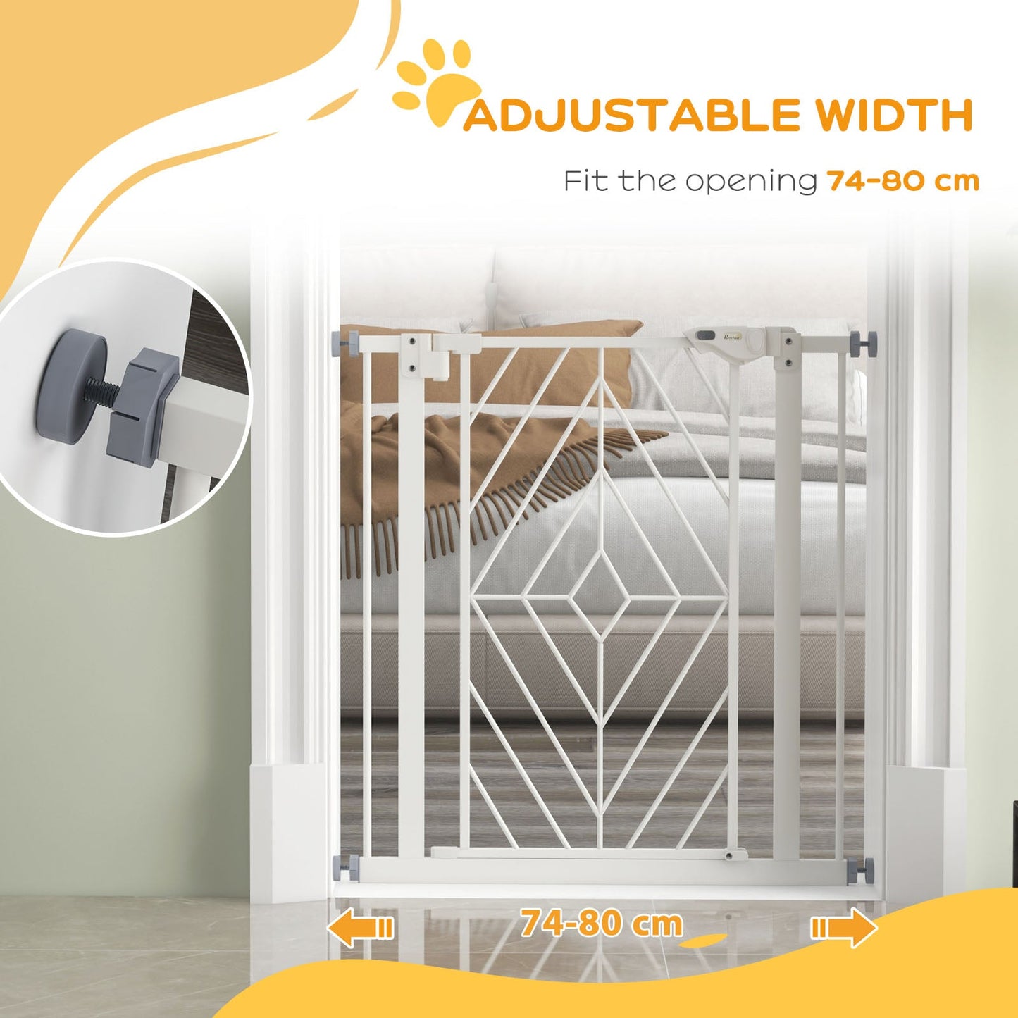 PawHut Pressure Fit Stair Gate, Dog Gate, with Auto Closing Door, Double Locking, Easy Installation, Openings 74-80cm - White