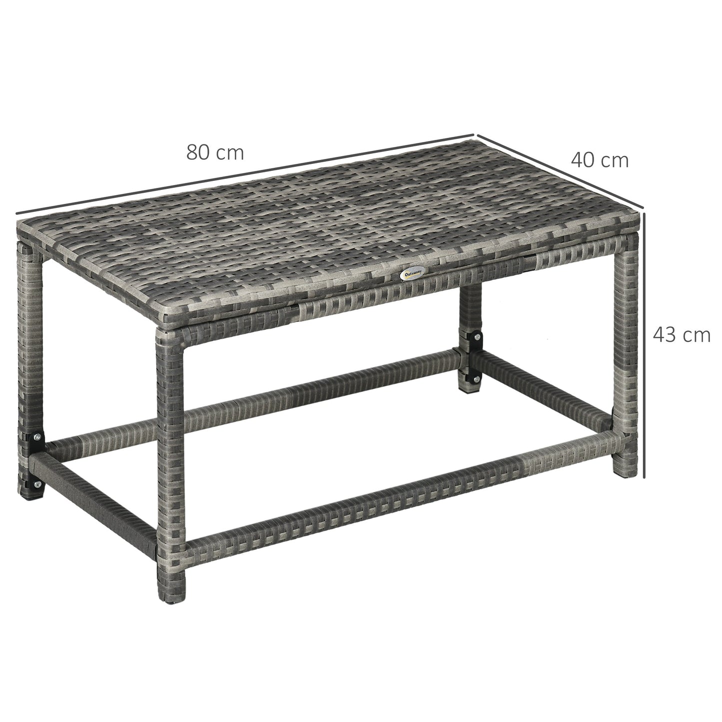 Outsunny Outdoor Coffee Table, Garden PE Rattan Side Table with Plastic Board Under the Full Woven Table Top and X-Shape Support for Patio Mixed Grey