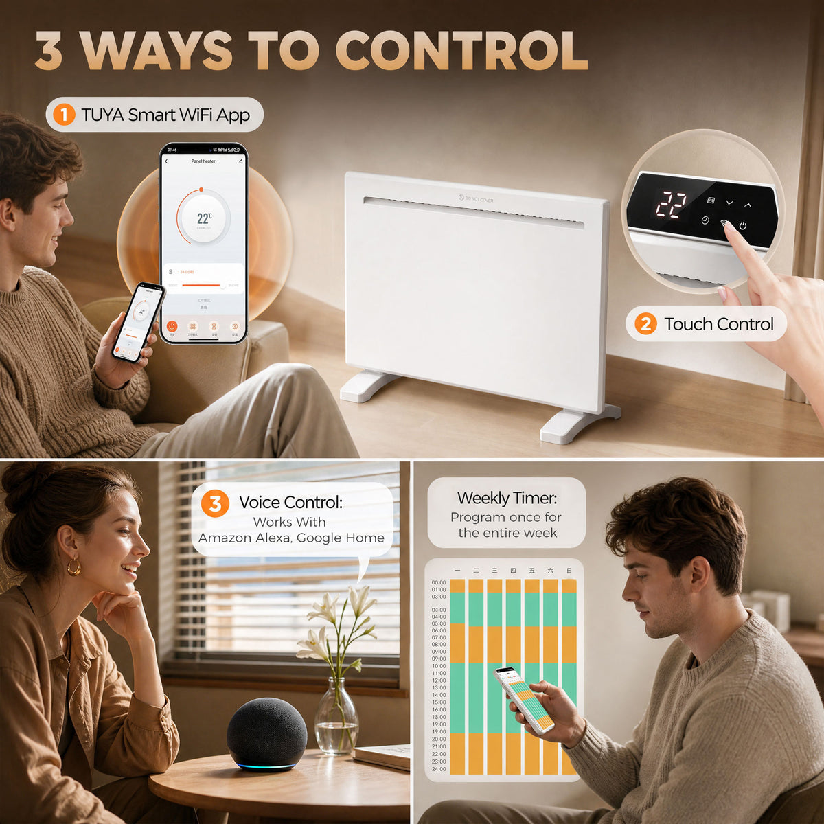 HOMCOM Smart Panel Heater Wall Mounted/Freestanding, Electric Heater with Weekly Timer, Open Window & Anti-Frost, 1000W, White