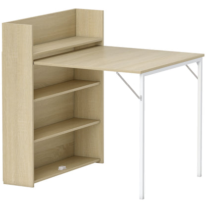 HOMCOM Kitchen Table, Folding Dining Table, with 4-Tier Shelves, Modern Drop-Leaf Table, Oak Wood Effect