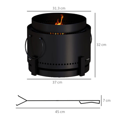 Outsunny Smokeless Fire Pit, 37cm Portable Wood Burning Firepit with Poker for Garden Camping Bonfire Party, Metal, Black