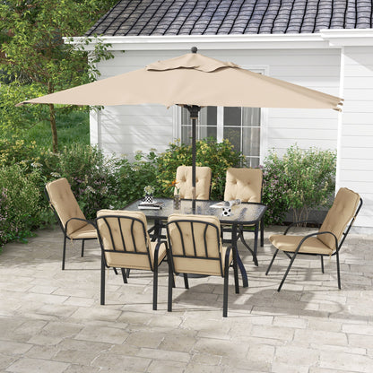 Outsunny 7 Piece Garden Dining Set, Outdoor Dining Table and 6 Cushioned Armchairs, Tempered Glass Top Table w/ Umbrella Hole, Texteline Seats, Beige