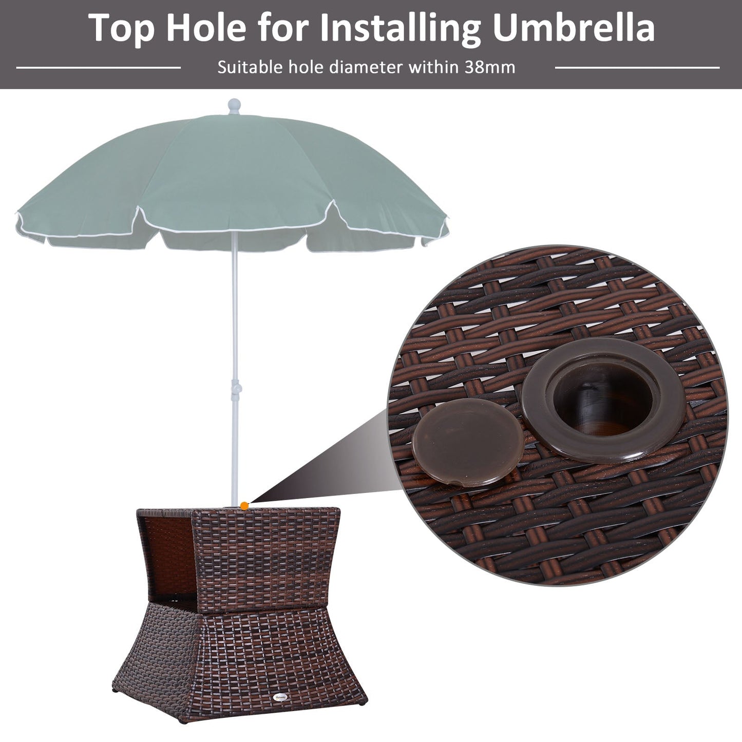 Outsunny Rattanowy stolik kawowy na zewnątrz, wiklinowy stolik ogrodowy Patio Bistro z otworem na parasol i miejscem do przechowywania na balkon, werandę, brązowy