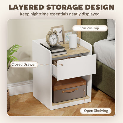 HOMCOM Modern Bedside Table, Slim Nightstand with Drawer, Shelf and Cable Holes, White and Oak