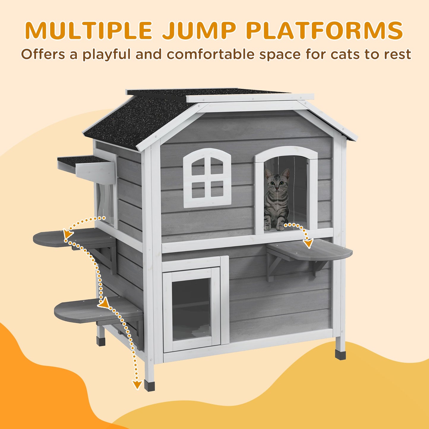 PawHut 2-story Cat House Outdoor, Weatherproof Wooden Cat Enclosure for Feral Cats with Escape Door, Openable Roof, Jumping Platforms, Grey