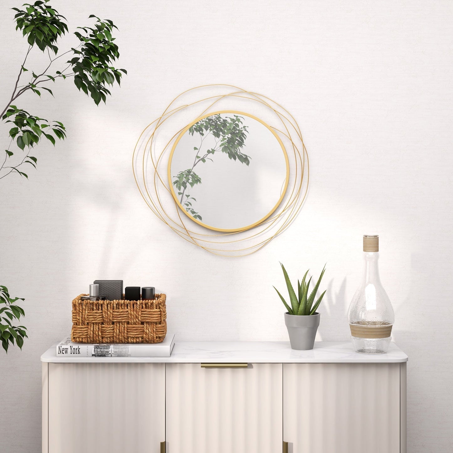 HOMCOM Abstract Metal Wire Wall Mirror, with Accessories - Gold Tone
