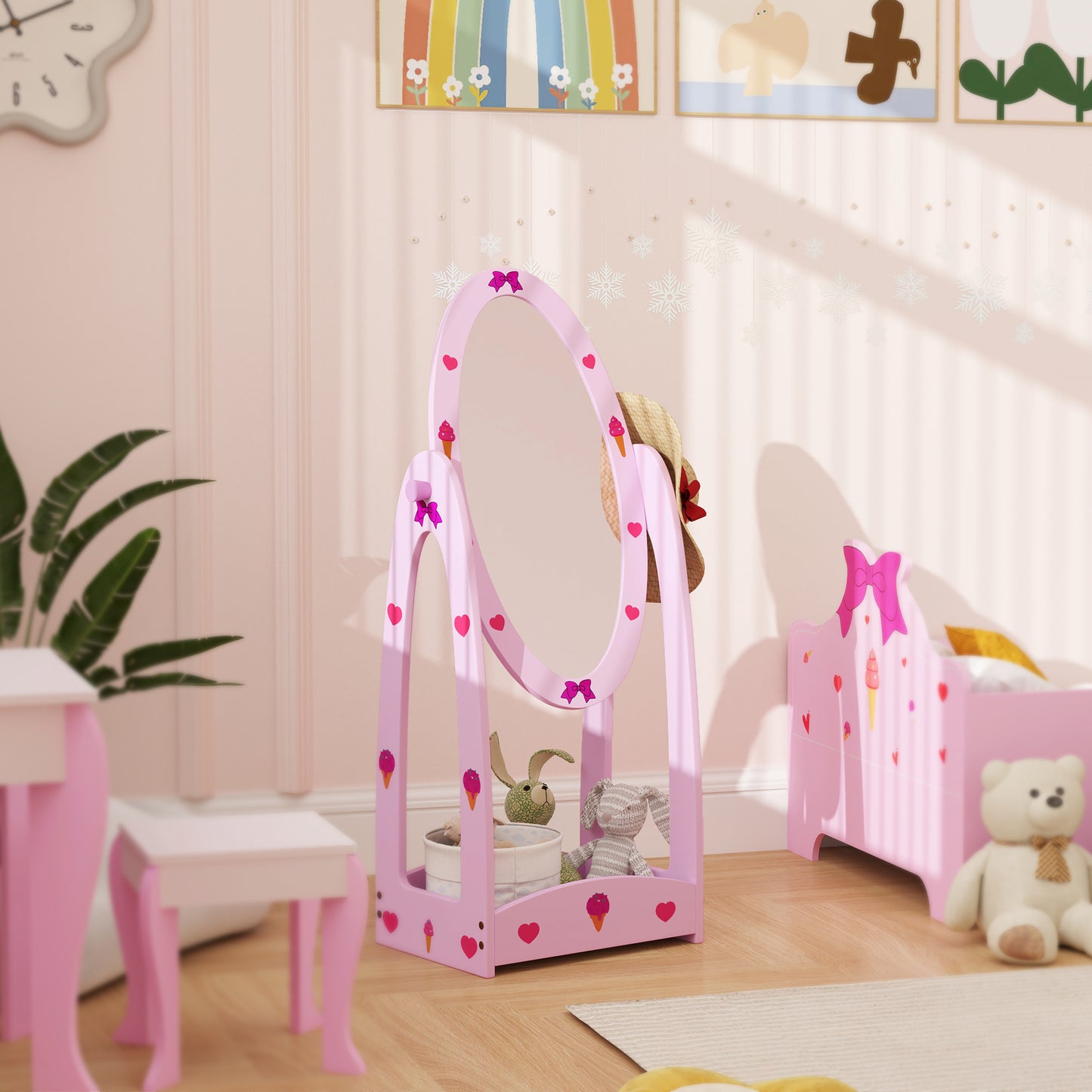 AIYAPLAY Kids Full Length Mirror, 360√Ç¬∞ Rotating Children Standing Mirror with Storage Shelf, Hot Pink