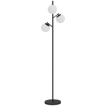 HOMCOM 3-Light Tree Floor Lamps for Living Room, Modern Standing Lamp for Bedroom with Globe Lampshade, Steel Base, Bulb not Included, Black