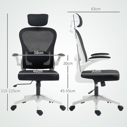 Fotel biurowy HOMCOM Executive, ergonomiczny fotel biurowy z wysokim oparciem i siatką, podnoszonym podłokietnikiem, obrotowym zagłówkiem, regulowanym podparciem lędźwiowym, obrotowy fotel komputerowy do nauki w domu, czarny
