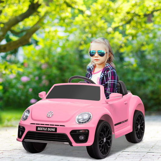 Samochód jeździk AIYAPLAY Volkswagen Beetle z licencją 12V, z pilotem, zawieszeniem kół, łagodnym rozruchem, światłami, muzyką, różowy