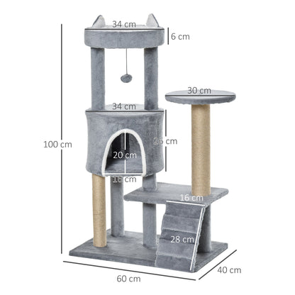 PawHut 100cm Cat Tree Tower Condo Multi Platform Kitty Cat Center مع سلم تسلق وخدش عمود لعبة معلق، رمادي فاتح