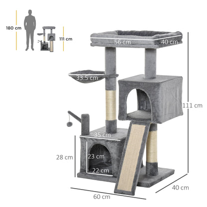 PawHut Cat tree Tower 111cm Climbing Kitten Activity Centre with Sisal Scratching Post Pad Perch Hanging Ball Hammock Condo Toy Grey