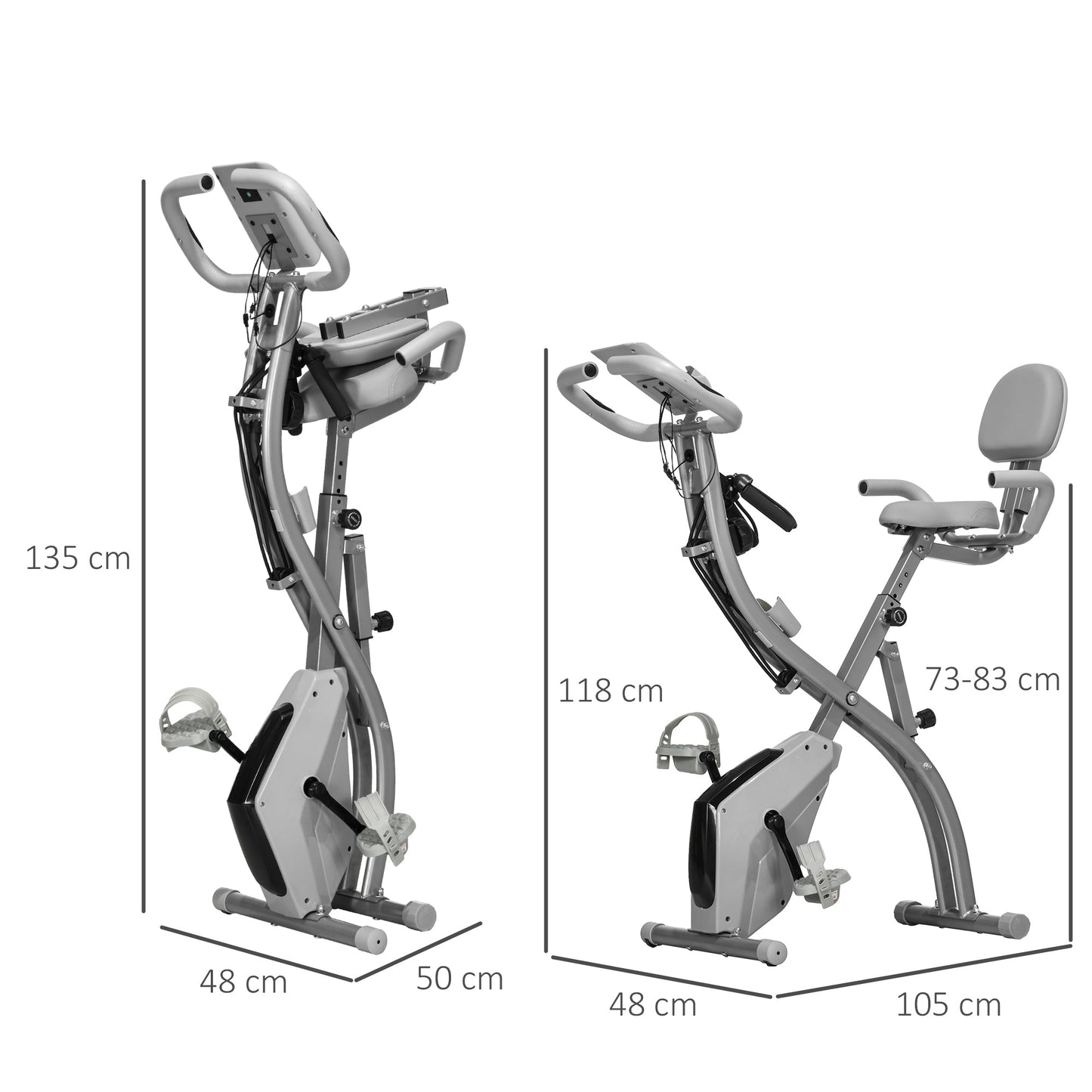 HOMCOM 2-in-1 Folding Exercise Bike with 8-Level Magnetic Resistance, Arm Resistance Band, Pulse Sensor, Grey