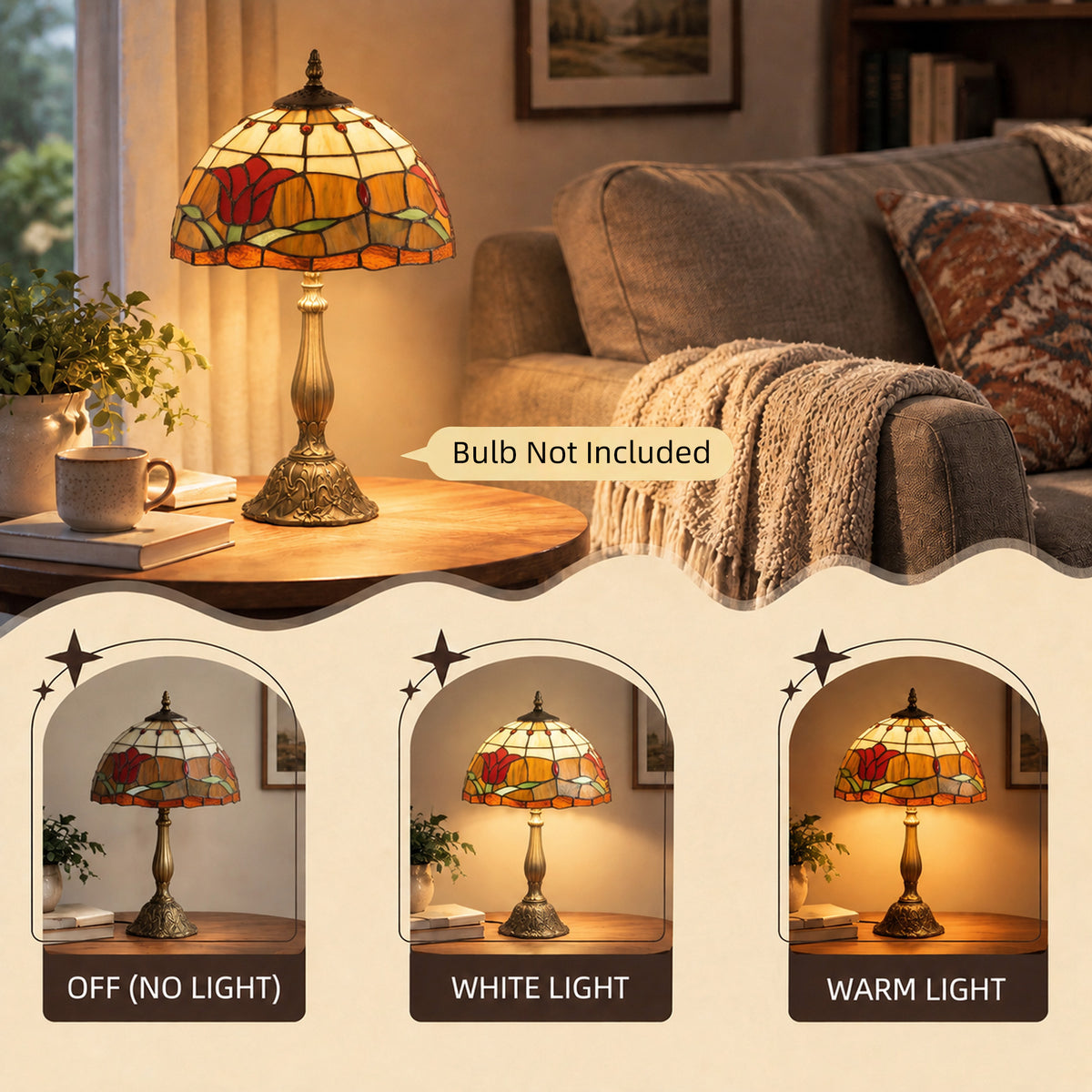 HOMCOM Tiffany Stained Glass Table Lamp, Handcrafted Artisan Lamp, Red, Ø25 x 45H cm, Zinc Alloy