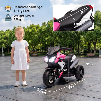 HOMCOM Kids Electric Motorcycle, 6V Ride on Motorcycle with 3 Wheels, LED Headlight, Music, Horn for Boys Girls 3-5 Y, Pink