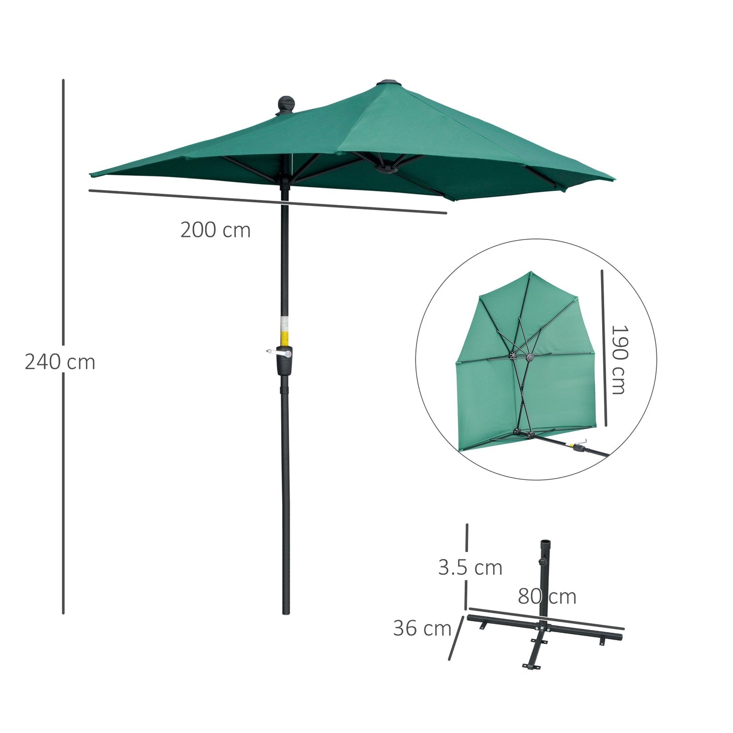 Outsunny 2m Half Parasol Market Umbrella Garden Balcony Parasol with Crank Handle, Base, Double-Sided Canopy, Dark Green