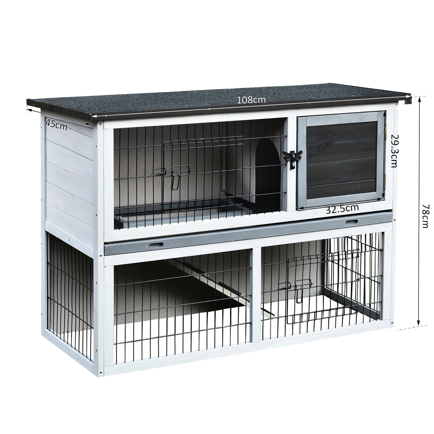 PawHut Small Animal Two-Level Fir Wood Guinea Pigs Hutches Bunny Cage w/ Slide Out Tray Grey