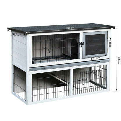 PawHut Small Animal Two-Level Fir Wood Guinea Pigs Hutches Bunny Cage w/ Slide Out Tray Grey