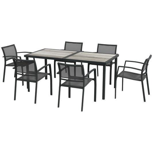 7 Pieces Garden Dining Set, Stackable Chairs, Outdoor Patio 6 Seater Table and Chairs With Breathable Mesh Seat, Back, Plastic Top for Poolside - Grey