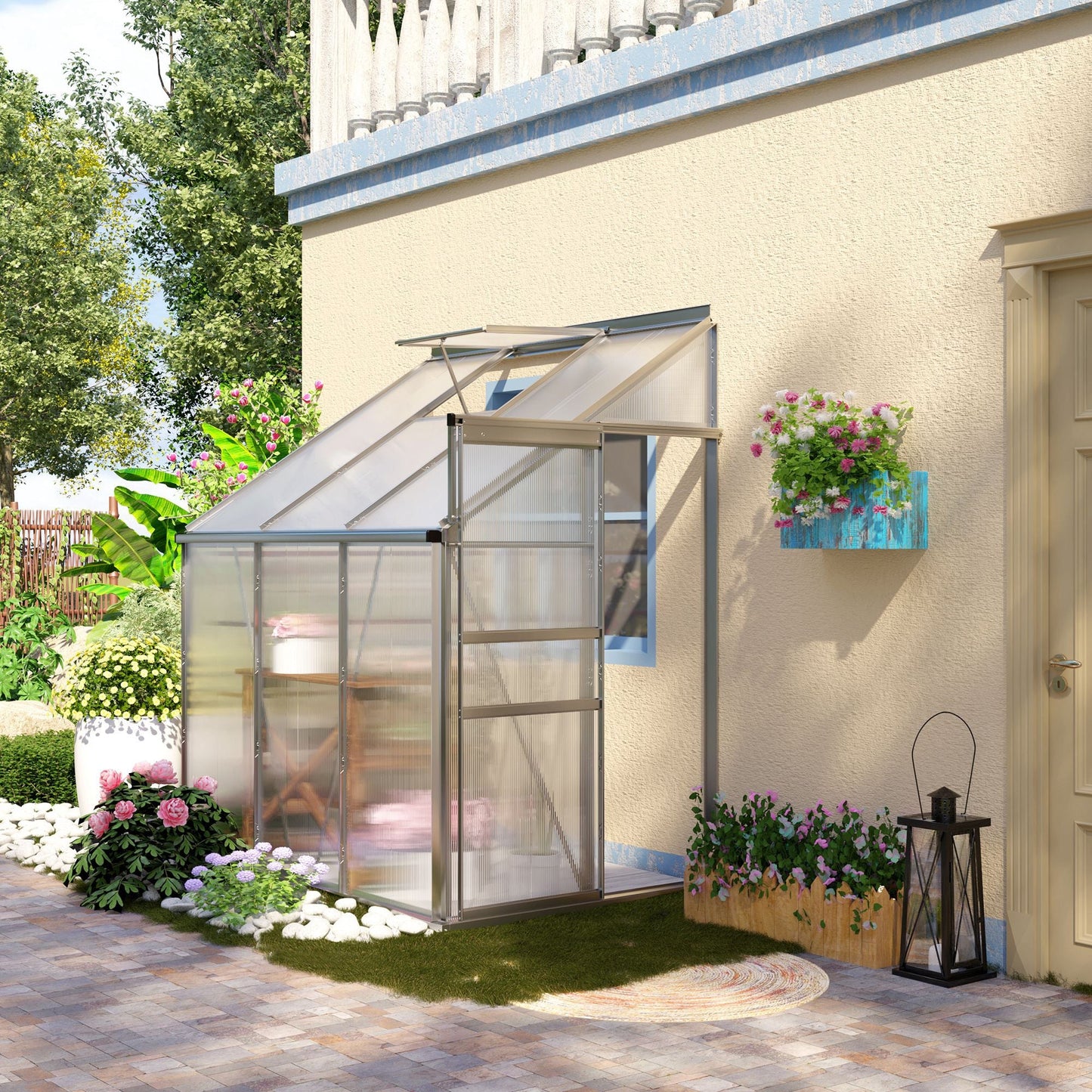 Outsunny Walk-In Greenhouse Lean to Wall Polycarbonate Garden Greenhouse with Adjustable Roof Vent, Rain Gutter and Sliding Door, 6 x 4 ft