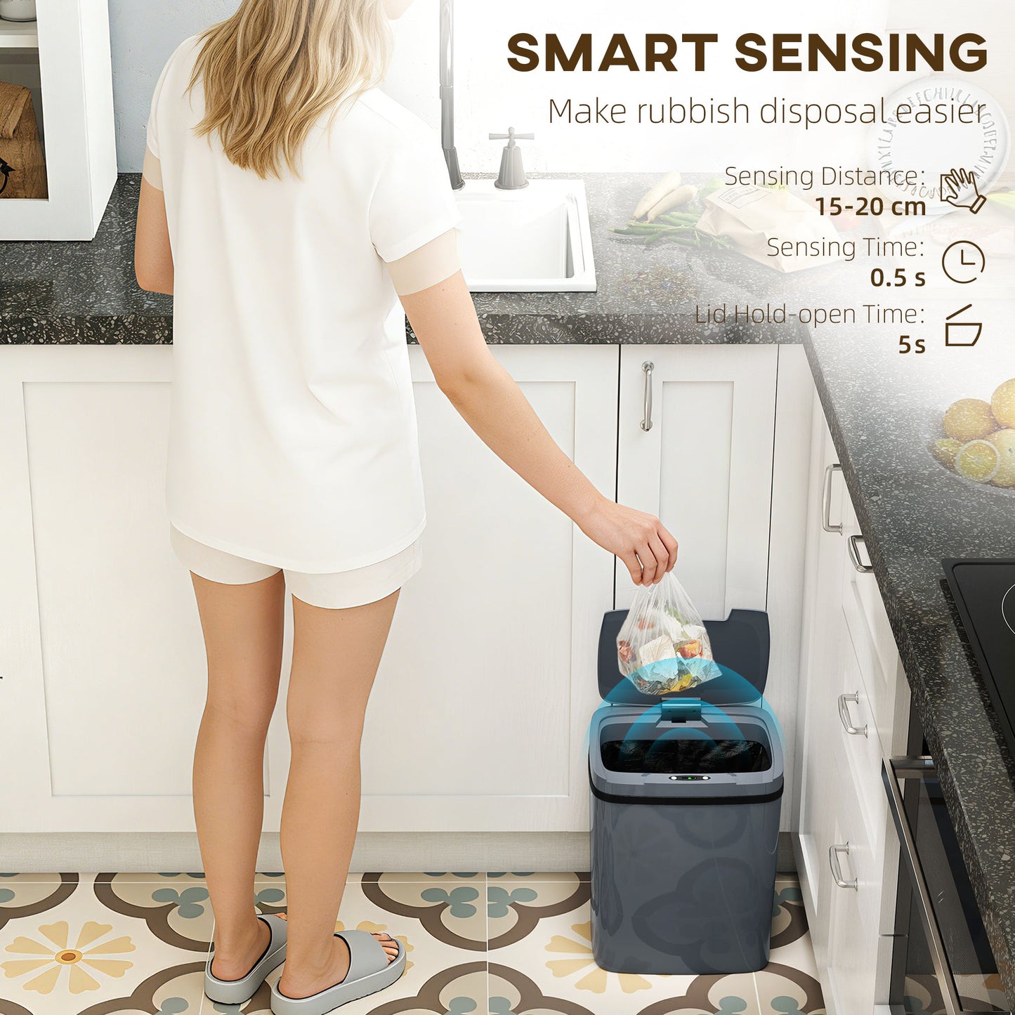 HOMCOM 15L Sensor Bin, Automatic Touchless Kitchen Bin, Easy Clean, Battery Operated for Home Office, Bedroom, Bathroom, Grey