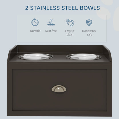 PawHut Stainless Steel Raised Dog Bowls, with 21L Storage Drawer for Large Dogs - Brown