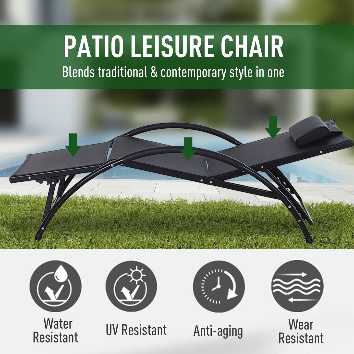 Outsunny Garden Patio Sun Lounger Half Circle Armrest Adjustable Head Footrest Aluminium Frame Textline Seat &Pillow Garden Outdoor - Black