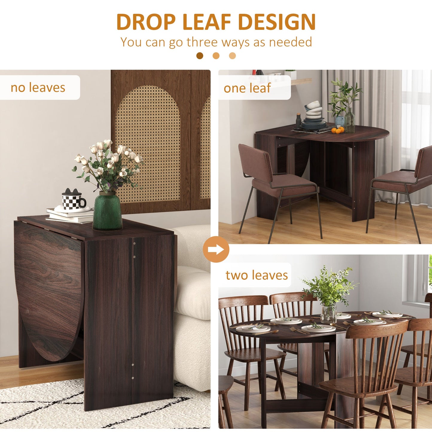 HOMCOM Folding Dining Table, Drop Leaf Table for Small Spaces, Oval Tabletop for Dining Room, Chocolate Wood Effect