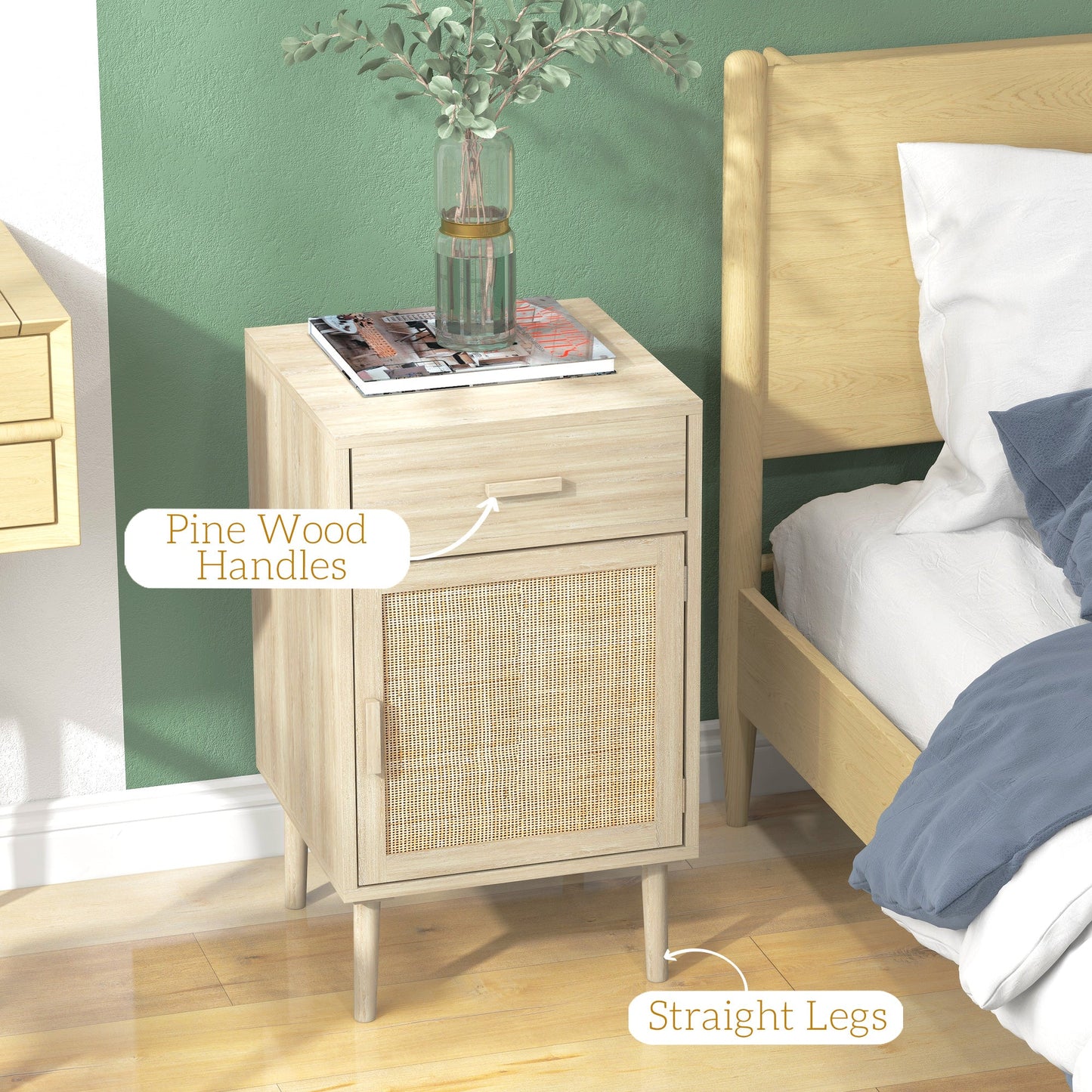 HOMCOM Bedside Table Set of 2, Rattan Side Tables with Drawer, Cabinet and Adjustable Shelf, Boho Bedside Cabinet with Storage for Bedroom, Living Room, Natural Wood Effect