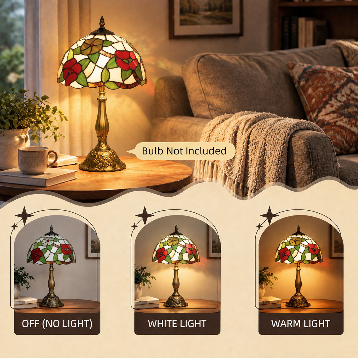 HOMCOM Tiffany Stained Glass Table Lamp, Handmade Antique Bedside Lamp for Bedroom, Living Room, Nightstand, Red Sunflower