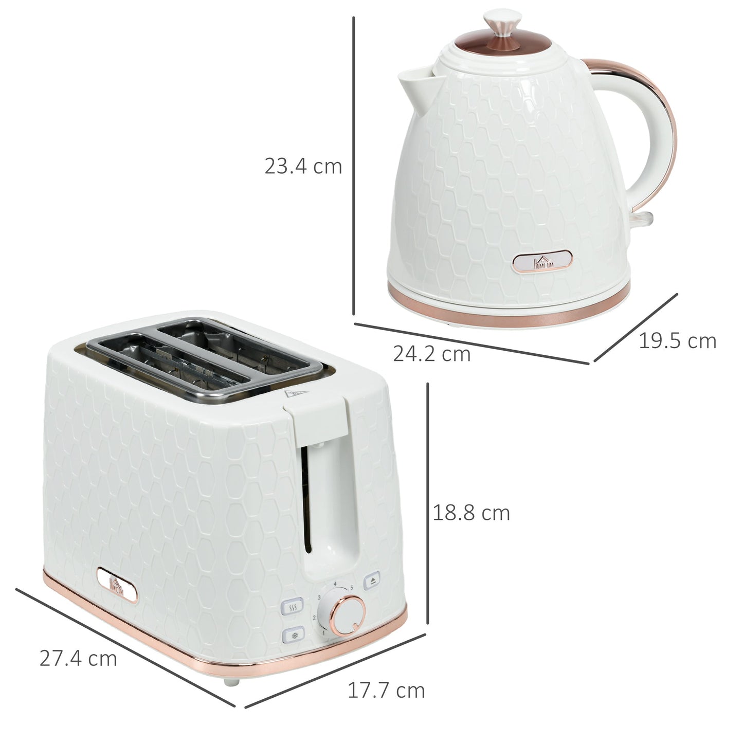 Zestaw HOMCOM 1,7 l 3000 W z czajnikiem i tosterem na 2 kromki, czajnik i toster z automatycznym wyłączaniem, sterowaniem opiekaniem, kolor biały