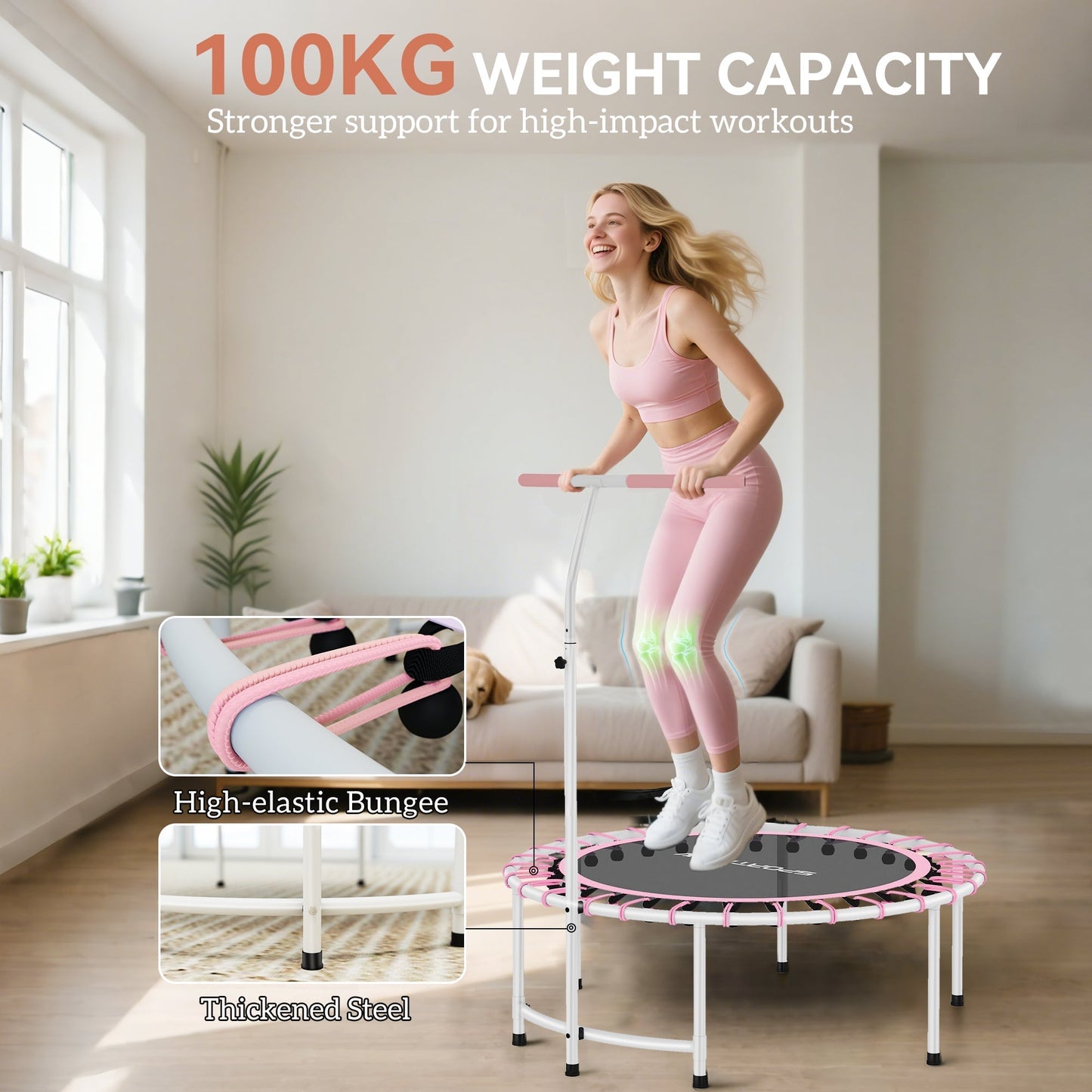 SPORTNOW 40" Fitness Trampoline, Mini Rebounder Trampoline for Adults with 5-Level Adjustable Handle, Indoor Exercise Bungee Rebounder, Max Load 100KG, Pink