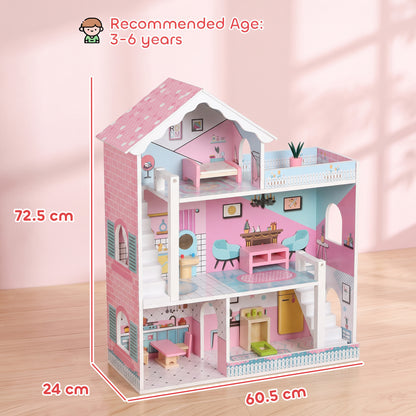 AIYAPLAY Wooden Dolls House, Large 3-Storey Modern Dollhouse with 10 Accessories, Pretend Play Toy Gift for Ages 3-6 Years, Pink