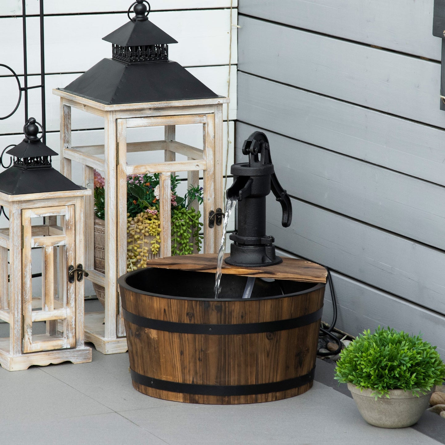 Outsunny 1 Tier Wooden Barrel Water Fountain Outdoor Garden Decorative Water Feature w/ Electric Pump