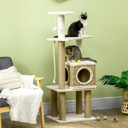 PawHut Cat Tree, with Scratching Post, Cat House & Hanging Toy Ball - Beige