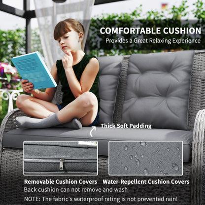 Outsunny Garden PE Rattan Dining Sofa Set, Outdoor 4 Seater Wicker Furniture, High Back Chairs with Cushions, Hartowane szkło stolik kawowy na patio, jasnoszary
