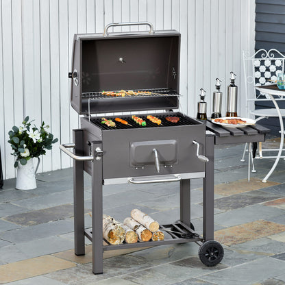 Wózek do grilla Outsunny Charcoal Grill z regulowanym rusztem węglowym, ogrodowy metalowy grill wędzarniczy z półką, stolikiem bocznym, kółkami, wbudowanym termometrem, otwieraczem do butelek