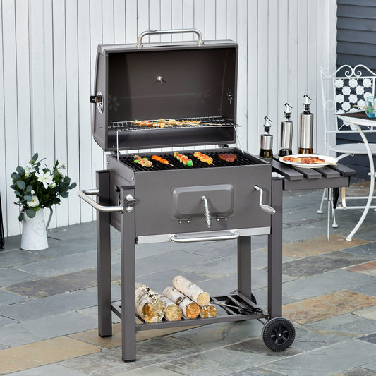 Wózek do grilla Outsunny Charcoal Grill z regulowanym rusztem węglowym, ogrodowy metalowy grill wędzarniczy z półką, stolikiem bocznym, kółkami, wbudowanym termometrem, otwieraczem do butelek