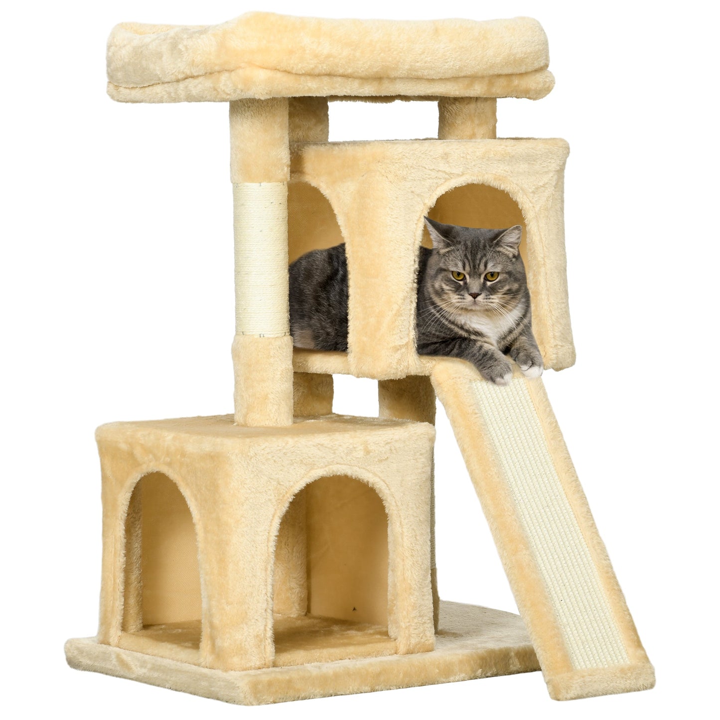 PawHut Sisal Cat Rest & Play Activity Tree w/ 2 House Cream White