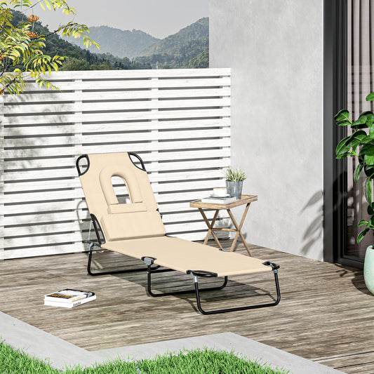 Outsunny Outdoor Folding Sun Lounger with Face Hole, 4 Level Adjustable Backrest Reclining Garden Lounger, Garden Recliner Sunbed with 600 D Oxford Cloth Seat and Pillow for Beach, Beige