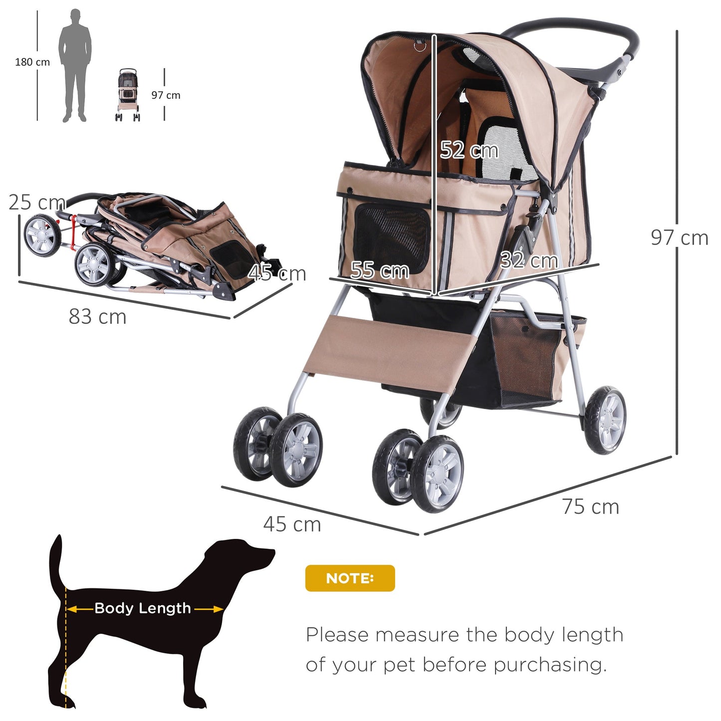 PawHut Dog Pram Pet Stroller Foldable Dog Pushchair with Wheels Zipper Entry Cup Holder Storage Basket Brown