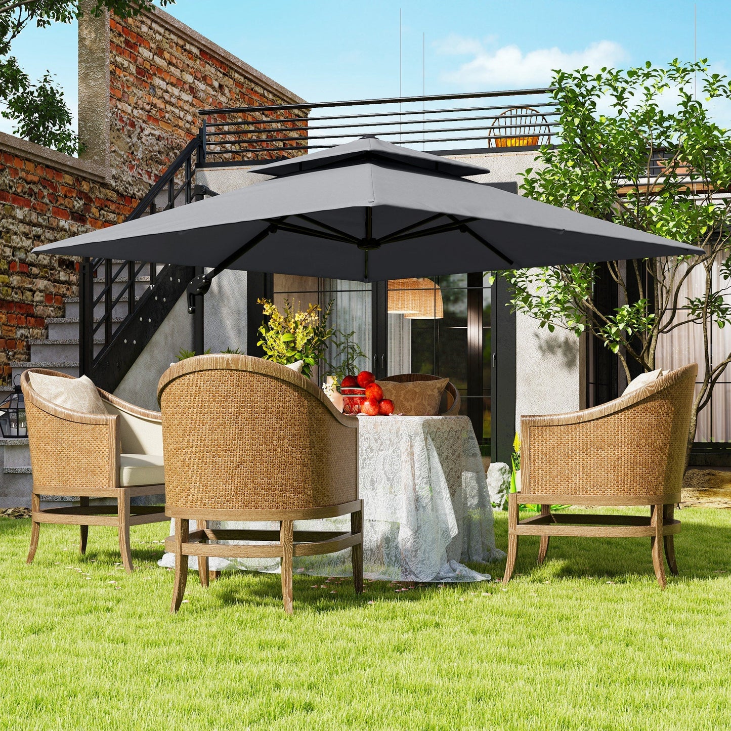 Outsunny 3 x 3(m) Cantilever Parasol with Aluminium Frame, Crank and Tilt, 360-Degree Rotation, Double Top Garden Umbrella with Cover (Only Cross Base), Light Grey