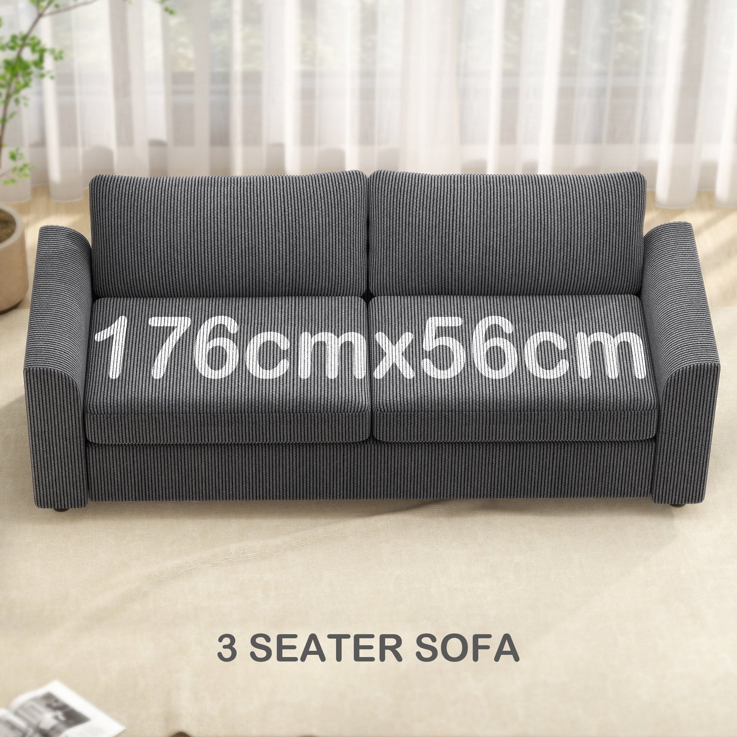 HOMCOM Nowoczesna sofa 3-osobowa z poduszką sprężynową, 212 cm, materiałowa, Jumbo Cord Sofa z 2 poduszkami dekoracyjnymi, tapicerowana sofa z kordu do salonu, sypialni, gabinetu, w kolorze szarym