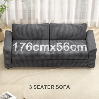 HOMCOM Nowoczesna sofa 3-osobowa z poduszką sprężynową, 212 cm, materiałowa, Jumbo Cord Sofa z 2 poduszkami dekoracyjnymi, tapicerowana sofa z kordu do salonu, sypialni, gabinetu, w kolorze szarym