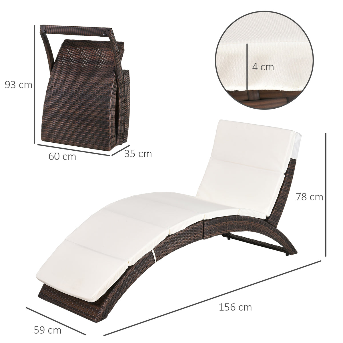 Outsunny Folding Sun Lounger, PE Rattan Garden Lounger Chair with Soft Padded Cushion, Ergonomic Curved Design Sun Bed for Balcony, Garden, Brown