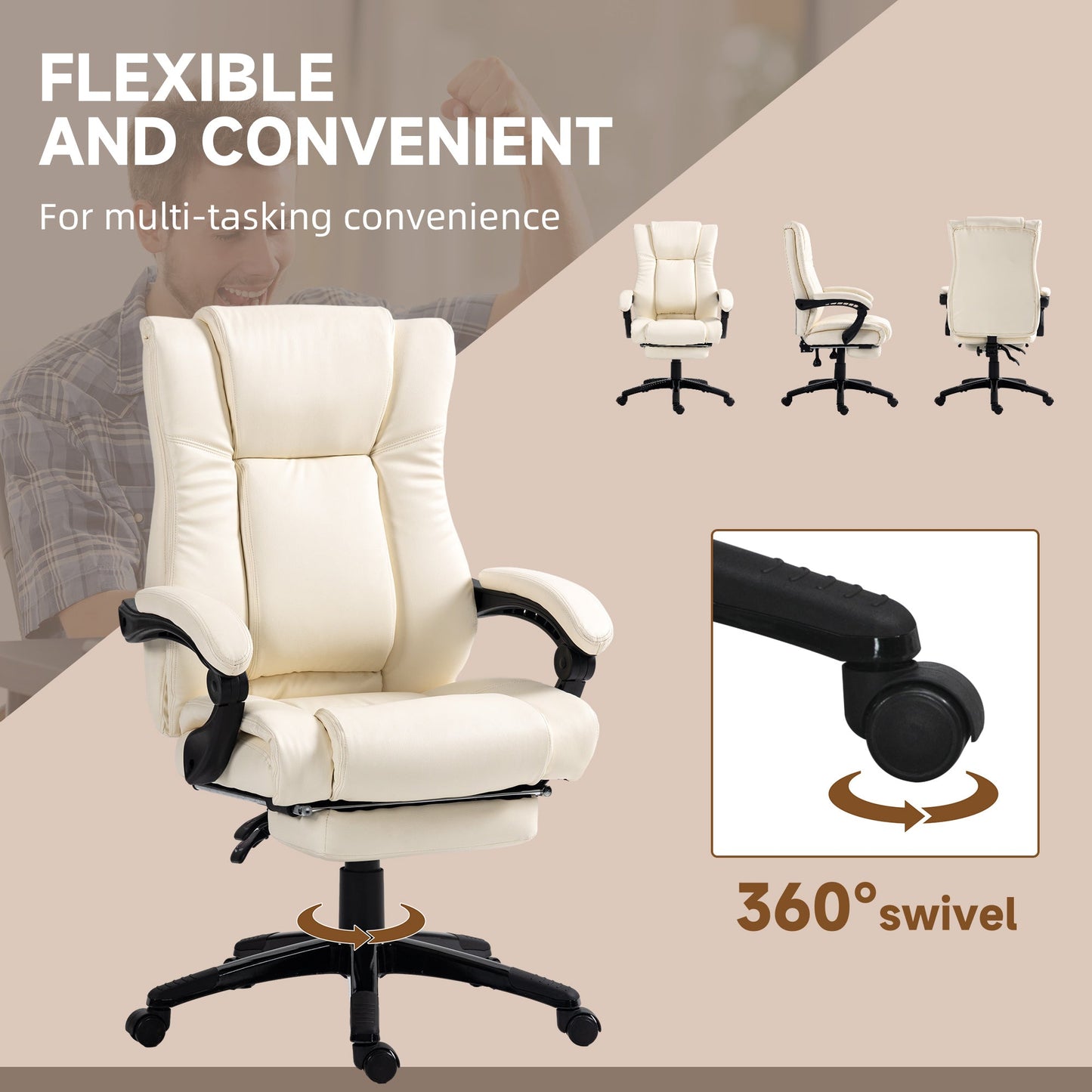 Vinsetto PU Leather Office Chair, Swivel Computer Chair with Footrest, Wheels, Adjustable Height, Cream White