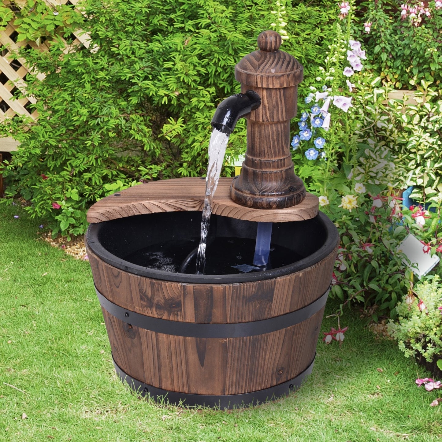 Outsunny Fir Wood Garden Water Features W/ Flower Planter, Φ27x37H cm