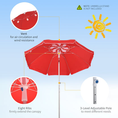 1.9m Arced Beach Umbrella 3-Angle Canopy Parasol w/ Aluminium Frame Pointed Spike Carry Bag Outdoor Sun Safe Shelter Patio Red